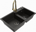 Granitinė virtuvinė plautuvė Mexen Tomas su mai&scaron;ytuvu ir sifonu, Metallic black/gold/Gold