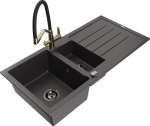 Granitinė virtuvinė plautuvė Mexen Andres su mai&scaron;ytuvu ir sifonu, Black granite/Black/Gold