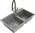 Granitinė virtuvinė plautuvė Mexen Tomas su mai&scaron;ytuvu ir sifonu, Grey/Black/Gold
