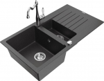 Granitinė virtuvinė plautuvė Mexen Matias su mai&scaron;ytuvu ir sifonu, Black granite/Chrome