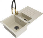 Granitinė virtuvinė plautuvė Mexen Matias su mai&scaron;ytuvu ir sifonu, Beige/Black/Gold