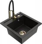 Granitinė virtuvinė plautuvė Mexen Vito su mai&scaron;ytuvu ir sifonu, Metallic black/gold+Black/Gold