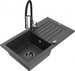 Granitinė virtuvinė plautuvė Mexen Pablo su mai&scaron;ytuvu ir sifonu, Black granite/Black/Chrome