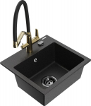 Granitinė virtuvinė plautuvė Mexen Milo su mai&scaron;ytuvu ir sifonu, Metallic black/Silver/Black/Gold