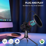 USB kondensatoriaus mikrofonas, trikojis ir pop filtras, &bdquo;Plug & Play&ldquo;, srautinis perdavimas / transliacija