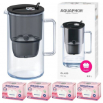 Aquaphor Glass 2,5 l stiklinis filtravimo ąsotis + 4 Maxfor Mg filtrai, juodas
