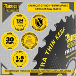 1 x sccsn30184_24 Sabrecut 184 mm 24 dantų x 30 mm skylės galingas itin plonas pjovimo diskinis pjūklo diskas, skirtas medienai, fanerai, mdf, drožlių plok&scaron;tei