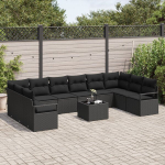 11 dalių sodo sofa su pagalvėmis, b&eacute;žinė, poliaratano,2 vietų sodo sofa su pagalvėmis, juoda, poliaratano