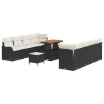 11 dalių sodo sofos rinkinys su pagalvėmis Juoda Poli Ratanas Akacija,2 vietų sodo sofa su saugojimu ir pagalvėmis Juoda Poli Ratanas,3 dalių sodo valgomojo rinkinys su pagalvėmis Juoda Poli Ratanas Akacija