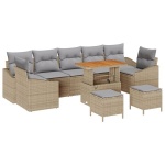 10 dalių sodo sofa komplektas su pagalvėlėmis Smėlio poliratanas akacija,2 vietų sodo sofa su saugojimu ir pagalvėlėmis Smėlio poliratanas,3 dalių sodo valgomojo stalas su pagalvėlėmis Smėlio poliratanas akacija