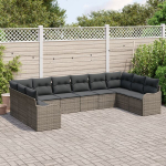 10 dalių sodo sofa komplektas su pagalvėmis Pilka Poli ratanas,2-vietė sodo sofa su pagalvėmis Pilka Poli ratanas