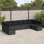 10 dalių sodo sofa komplektas su pamink&scaron;tinimais Juoda Poliratanas,Dvivietė sodo sofa su saugojimu ir pamink&scaron;tinimais Juoda Poliratanas
