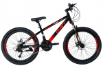 Kalnų dviratis 24", 9&ndash;12 metų, tvirtas rėmas 11", 130&ndash;155 cm, 21 pavara, amortizacija, raudona/juoda, Davi Terrano