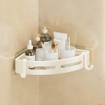 Metalinė vonios kampinė lentyna, pakabinama trikampė lentynėlė.,  Kreminės baltos spalvos trikampė lentyna 1 sluoksnis