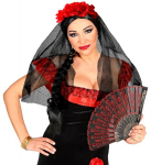BLACK VEIL WITH RED ROSES HEADPIECE