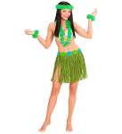 GREEN HAWAIIAN SET (hula skirt with flower belt, flower lei, crown, 2 bracelets)