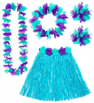 BLUE HAWAIIAN SET (hula skirt with flower belt, flower lei, crown, 2 bracelets)