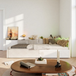 Sofa-lova 90x200 cm, su LED ap&scaron;vietimu, grotelių pagrindu, aksominiu audiniu, smėlio spalvos
