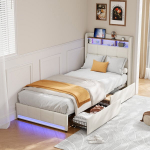 Viengulė lova 90x200 cm, su USB/C tipo sąsaja, LED ap&scaron;vietimu, 2 stalčiais, lininė, smėlio spalvos