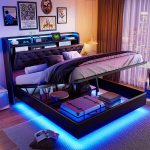 &Scaron;iuolaikinė dvigulė lova su LED ap&scaron;vietimu, 2 USB prievadai, hidraulinė lova su grotelėmis, 160x200 cm, juoda PU oda, be čiužinio