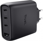Trust mobilus įkroviklis MAXO 65W/4-PORT GAN 26067, 65W, 20V, 3xUSB-C, 1xUSB-A, 2m laidas, juodas, greitas įkrovimas