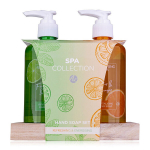 SPA COLLECTION hand care SET on a wooden tray with a pump incl. 2 x 290 ml hand soap, 2 scents/colors: citrus and orange, mint and lime, VE 6