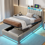 Mink&scaron;ta viengulė lova su LED ap&scaron;vietimu ir C tipo USB įkrovimu, galvūgalio laikikliu ir grotelių rėmu, 90x200 cm, pilkas aksomas (be čiužinio)