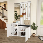 Paltų stovas su batų suoliuku ir veidrodžiu, kabliukai ir drabužių kabykla, prie&scaron;kambario paltų kabykla su batų spintele įėjimo svetainei (100 x 40 x 180 cm)