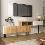 Modulinė TV spintelė reguliuojamo ilgio, 2 dalių, medžio imitacija+balta, juodos metalinės kojos