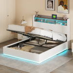 Lova 140x200cm su hidrauline sandėliavimo funkcija - su LED ir USB - aksominė - balta