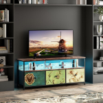 Retro TV spintelė su RGB LED ap&scaron;vietimu ir 3 spalvotais medžiaginiais stalčiais, modernus TV stovas