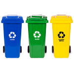 Set of 3 Trash Bins Containers 3x120L Blue Green Yellow Paper Glass Plastic with Rubber Wheels
