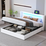 Polsterbett 160x200, LED juosta, Bluetooth, USB, PU oda, stalčiai, dvigulė lova, balta