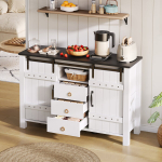 Buffet spintelė su stumdomomis durimis ir 3 stalčiais, 120 cm, virtuvei, valgomojo ar svetainei, balta