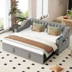Polsterinė sofa-lova 90/180x190 cm, USB, laikymo skyreliai, flanelis, pilka