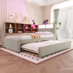 Polsterinė sofa-lova 90x200 cm su LED, lizdais, stalčiais, &scaron;viesiai pilka flanelė