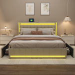 Mink&scaron;ta dvigulė lova 160&times;200 cm su LED ap&scaron;vietimu, 4 stalčiais ir USB įkrovimu &ndash; lino audinio lova su galvūgaliu, smėlio spalva