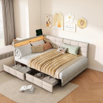 Sofa-lova 140x190 cm su 2 stalčiais - LED ir USB - Lininė - Smėlio spalvos