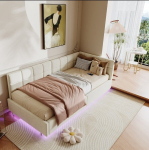 Lova 90&times;200 cm, su LED ap&scaron;vietimu ir USB sąsaja, viengulė lova, hidrauliniu būdu pakeliamas lovos rėmas, Kreminė balta, aksominis audinys