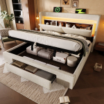 Polsteruotas lova 180x200, hidraulinė, LED, USB-C, 3 dėžės