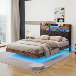 Dvigulė lova 140 x 200 cm, pakabinama lova su LED ap&scaron;vietimu, galvūgaliu su daiktadėže ir USB/C tipo, vintažinio pramoninio dizaino, ruda