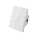 I&scaron;manusis liečiamas sieninis jungiklis Sonoff T2EU1C-TX, 1 kanalo, 600W, 230VAC, valdomas liečiamu mygtuku, programėle, Wi-Fi, galimybė valdyti balsu ir SONOFF pulteliu (SONOFF pultelis į komplektaciją neįeina)