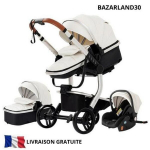BAZARLAND30. 3 in 1 Kūdikio Vežimėlis Kombinuotas Sėdynė-Auto Lova Trio Apverčiamas PU oda Nepripučiamieji ratai Kanė. balta