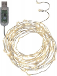 USB &scaron;viesos grandinė &bdquo;Rasos la&scaron;ai&ldquo; 100 LED žibintų, &scaron;altai balta, sidabrinė. Ilgis 5m, maitinimo laidas 1m, įtampa 5V DC