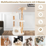 Costway 124 cm medinis draskymasis su katės urvu ir pliu&scaron;ine sėdyne ir sėdimomis platforma, džiuto draskymu