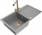 Granitinė virtuvinė plautuvė Mexen Leo su mai&scaron;ytuvu ir sifonu, Grey+Gold