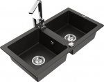 Granitinė virtuvinė plautuvė Mexen Mario su mai&scaron;ytuvu ir sifonu, Metallic black/gold+Chrome