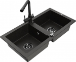 Granitinė virtuvinė plautuvė Mexen Mario su mai&scaron;ytuvu ir sifonu, Metallic black/gold+Black