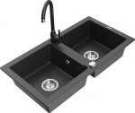 Granitinė virtuvinė plautuvė Mexen Mario su mai&scaron;ytuvu ir sifonu, Black granite+Black