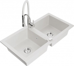 Granitinė virtuvinė plautuvė Mexen Mario su mai&scaron;ytuvu ir sifonu, White+White/Chrome